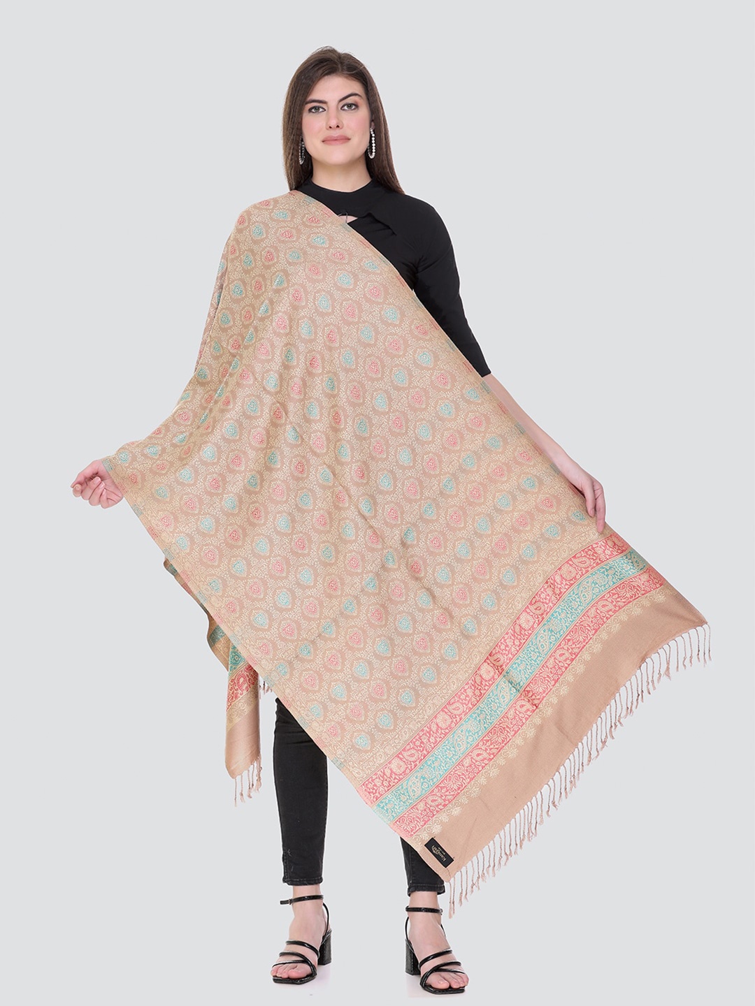 

KANIGARI Women Beige & Blue Woven Design Stole