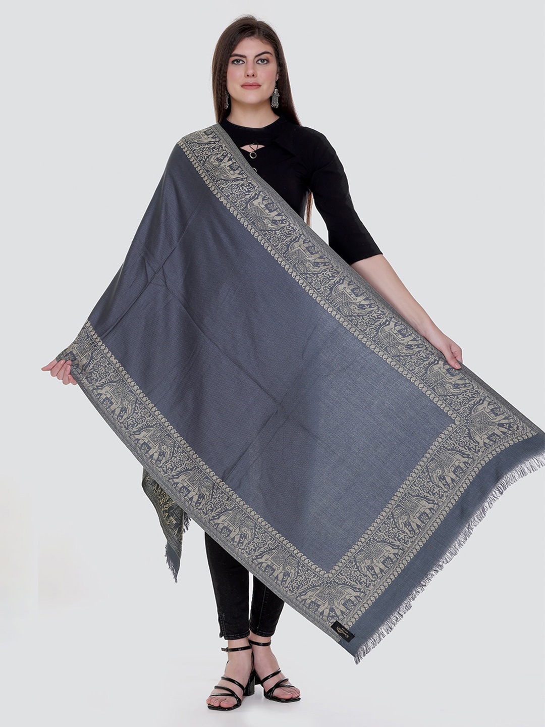 

KANIGARI Women Grey & Silver-Toned Woven Design Stole