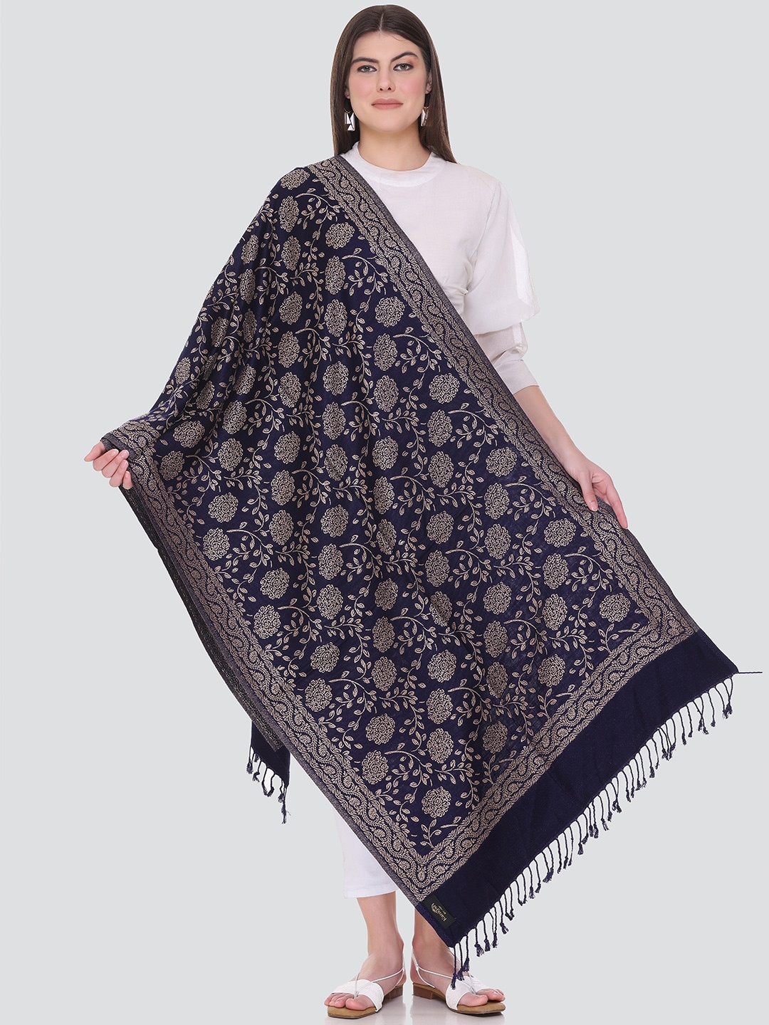 

KANIGARI Women Navy Blue & Gold-Toned Woven Design Stole