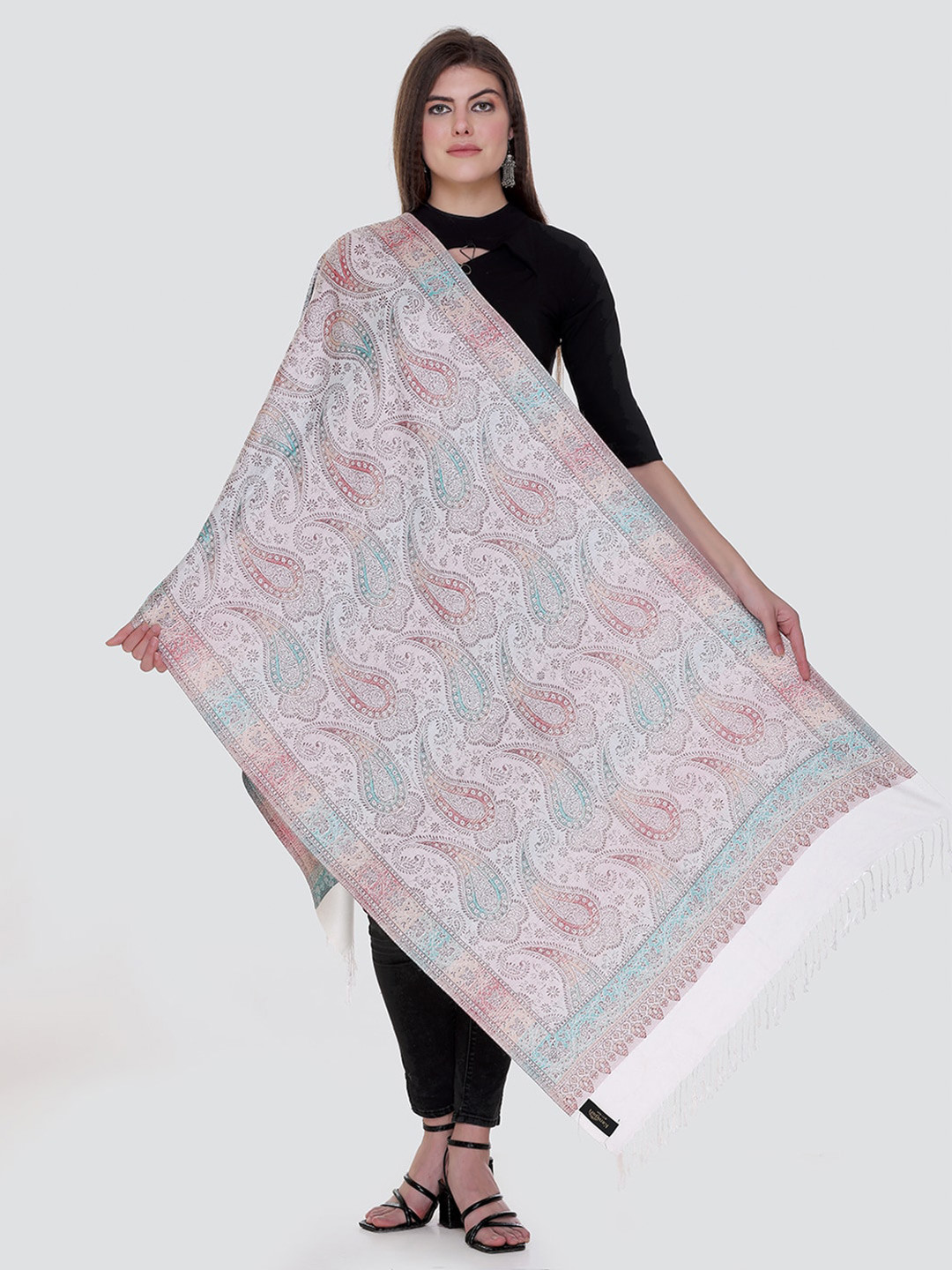 

KANIGARI Women White & Pink Woven Design Stole