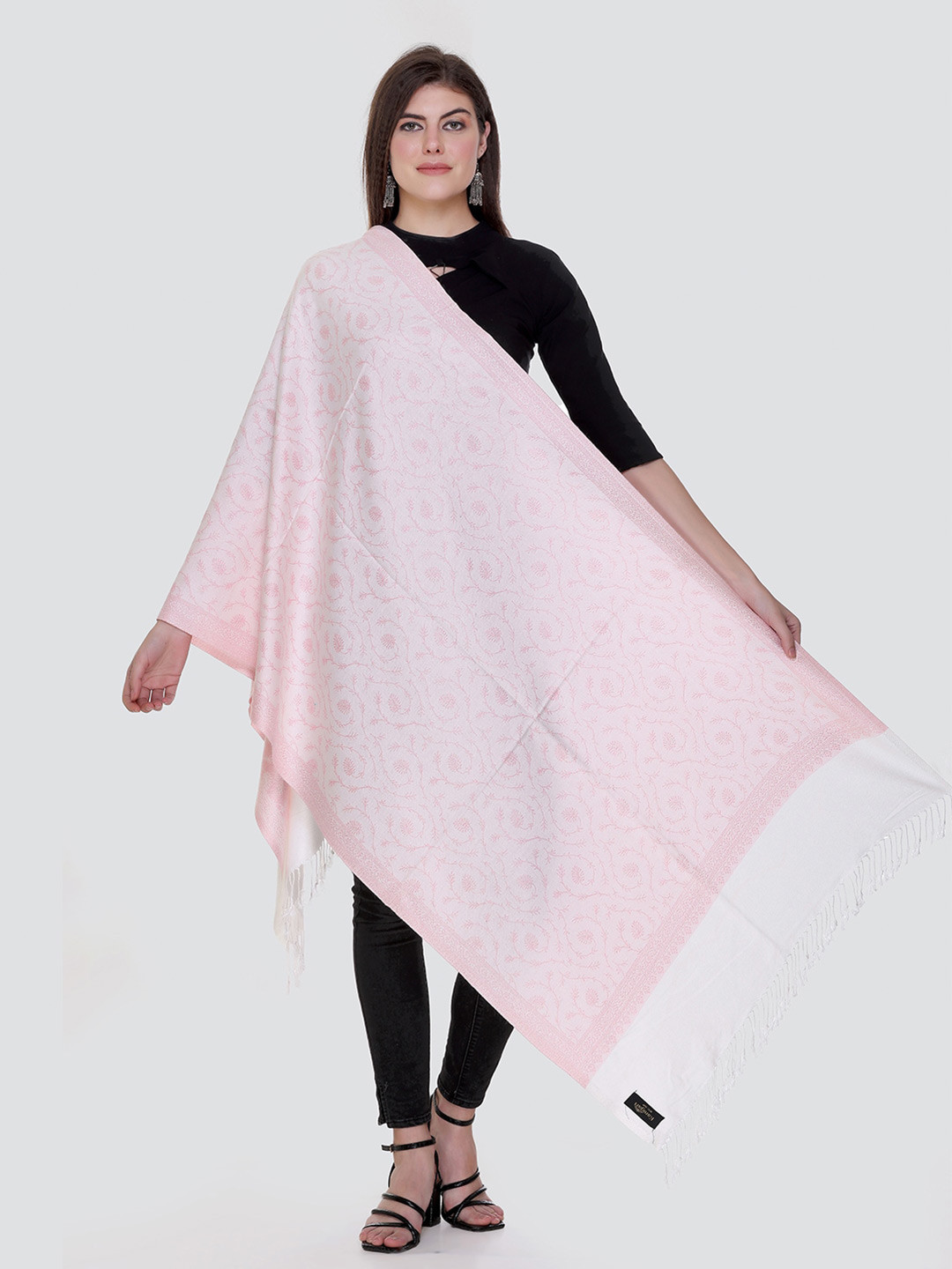 

KANIGARI Women White & Pink Woven Design Stole