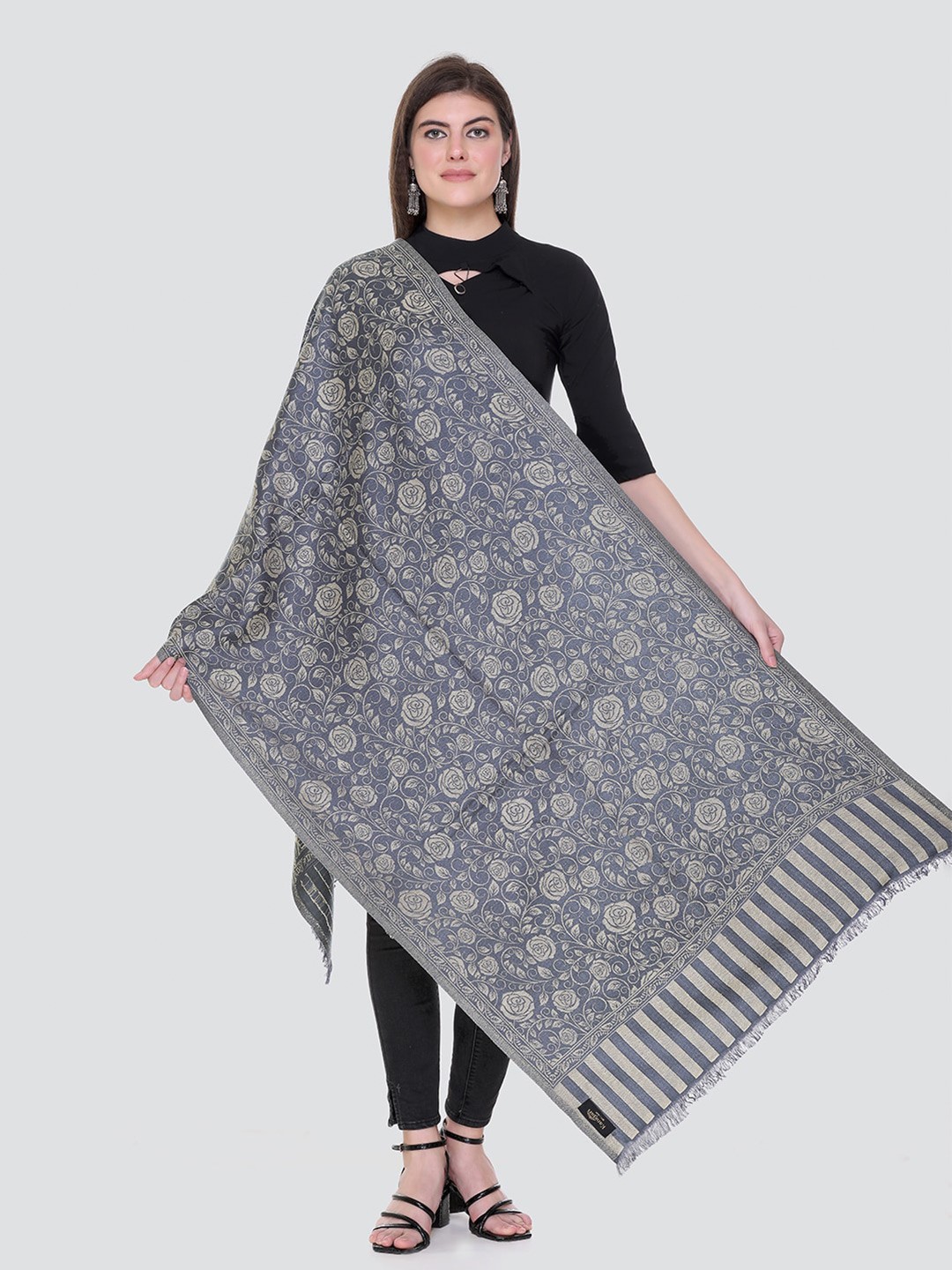 

KANIGARI Women Grey & Beige Woven Design Stole