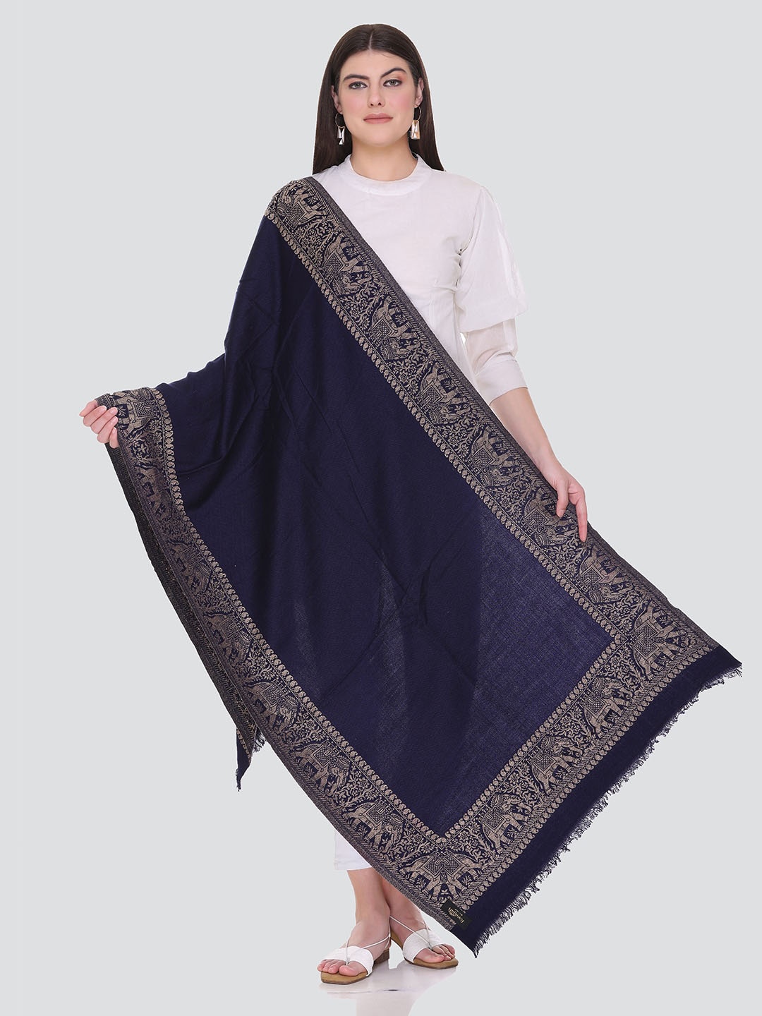 

KANIGARI Women Navy Blue & Beige Woven Design Woolen Stole