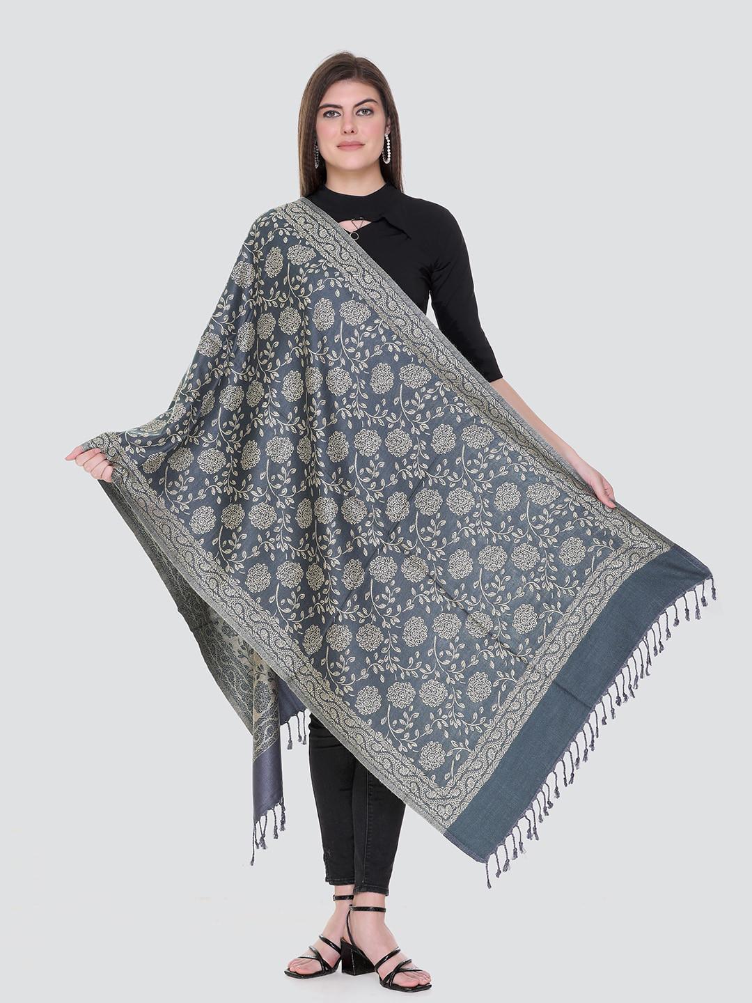 

KANIGARI Women Grey & Beige Woven Design Woolen Stole