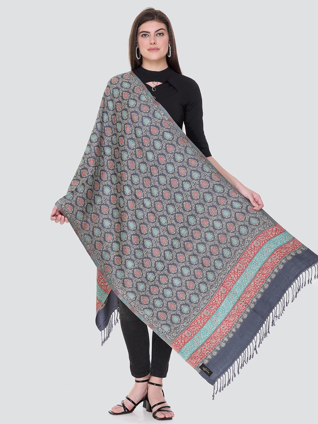 

KANIGARI Women Grey & Blue Woven Design Woolen Stole