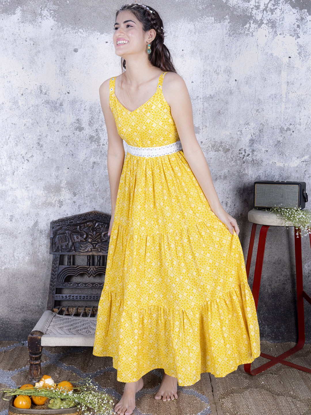 

Sakhi Jaipur Yellow Floral A-Line Dress