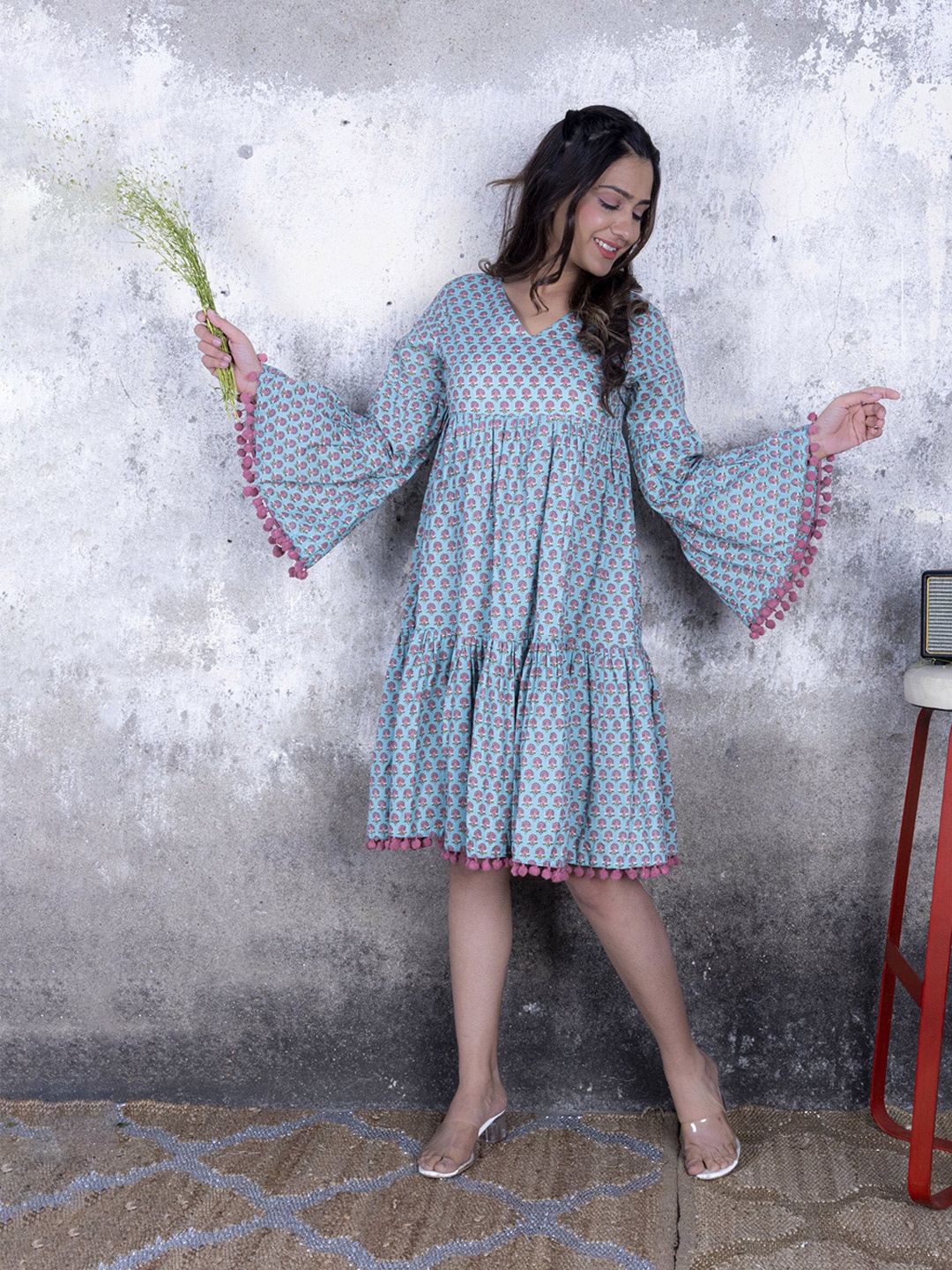 

Sakhi Jaipur Printed Self Design Fit and Flare Dress, Blue