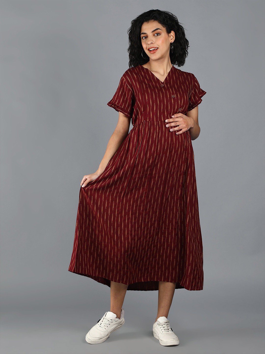 

NIGHTSPREE Maroon Maternity Printed A-Line Midi Dress