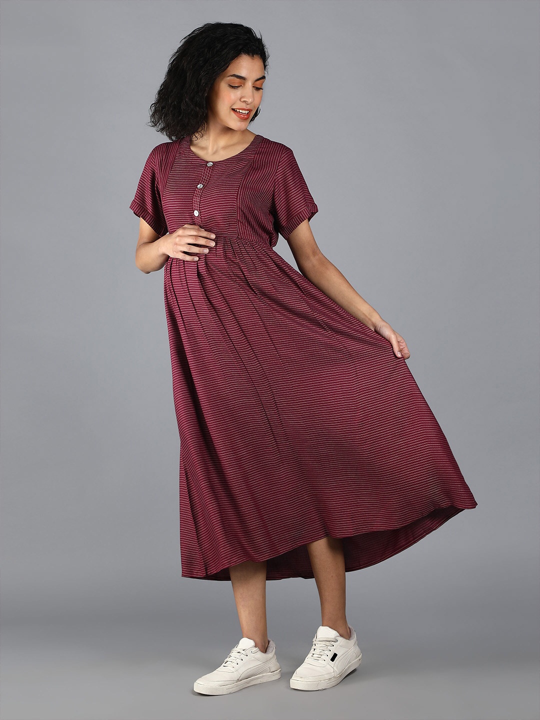 

NIGHTSPREE Maroon Striped Maternity A-Line Midi Dress