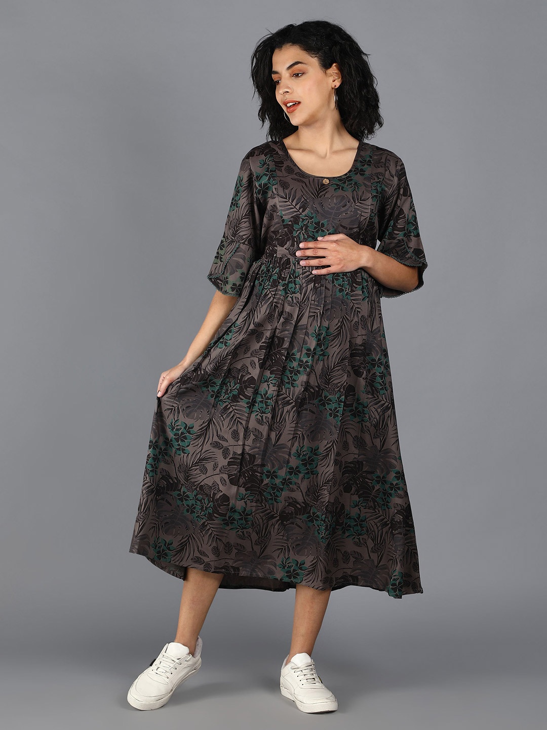 

NIGHTSPREE Grey & Green Tropical Printed Maternity A-Line Cotton Midi Dress