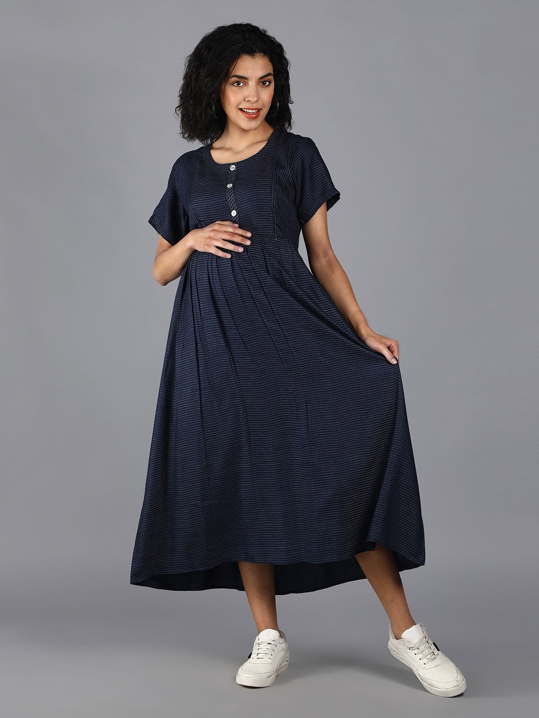 

NIGHTSPREE Women Blue Striped Maternity Fit & Flare Midi Dress, Navy blue