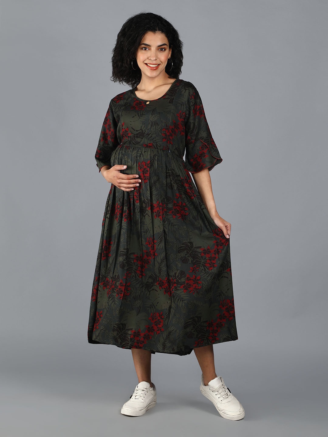 

NIGHTSPREE Green & Red Floral Maternity Empire Midi Dress