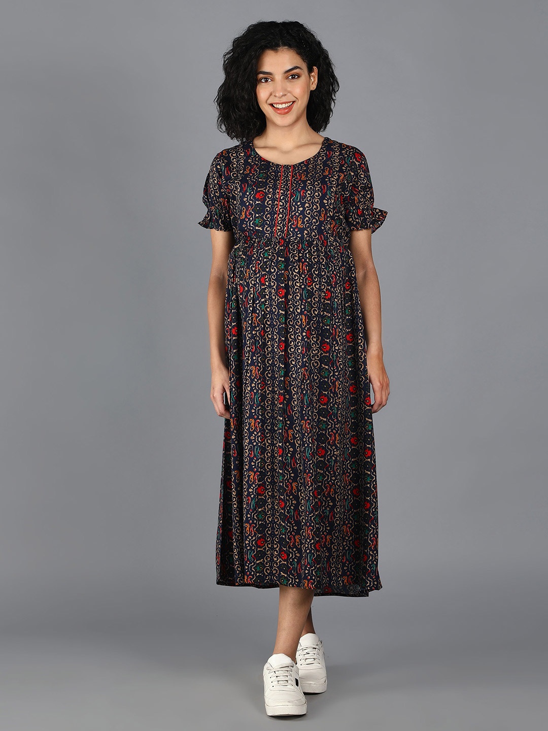 

NIGHTSPREE Navy Blue Ethnic Motifs Maternity Empire Maxi Dress