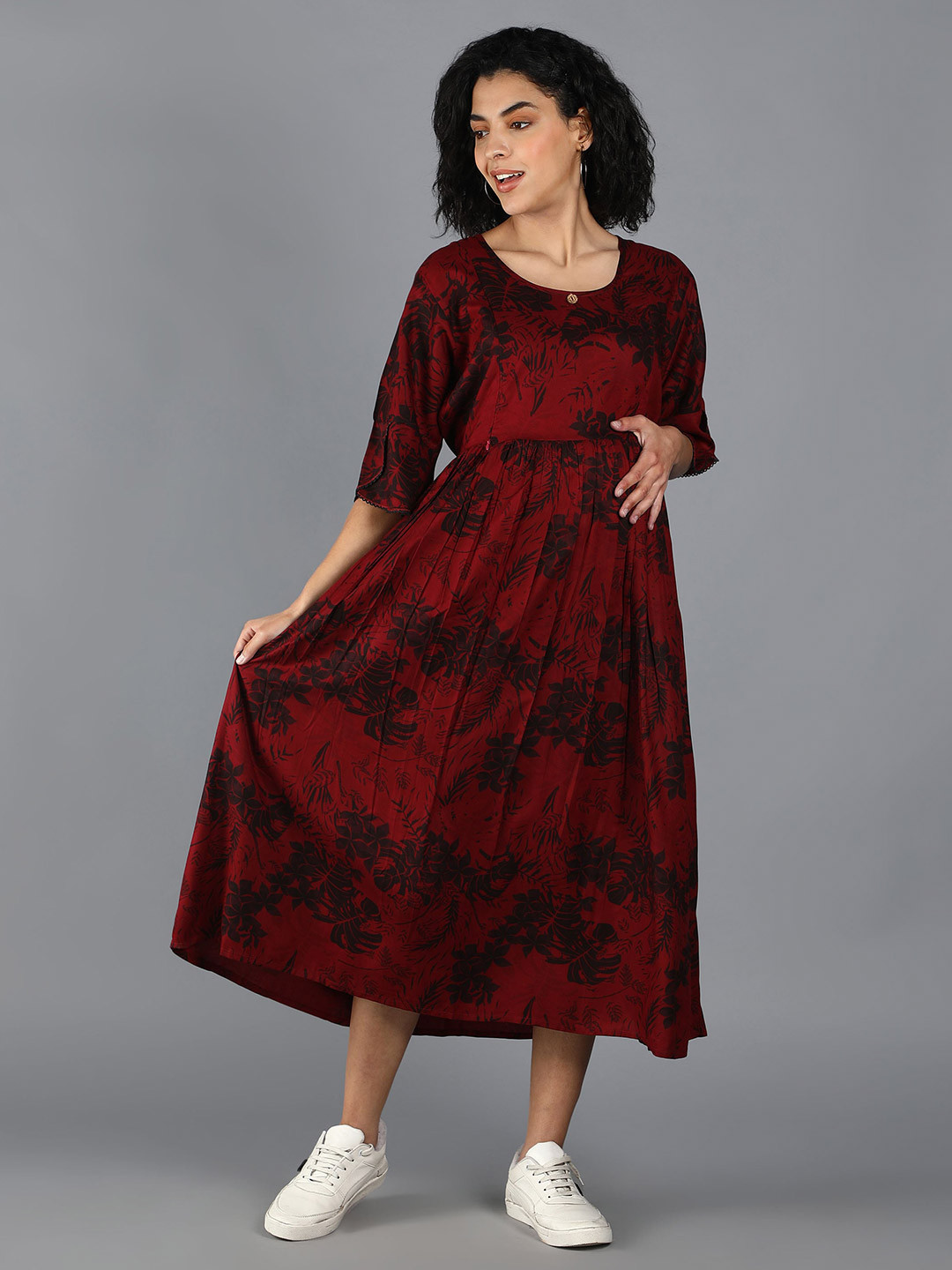 

NIGHTSPREE Red Tropical Maternity Empire Maxi Dress