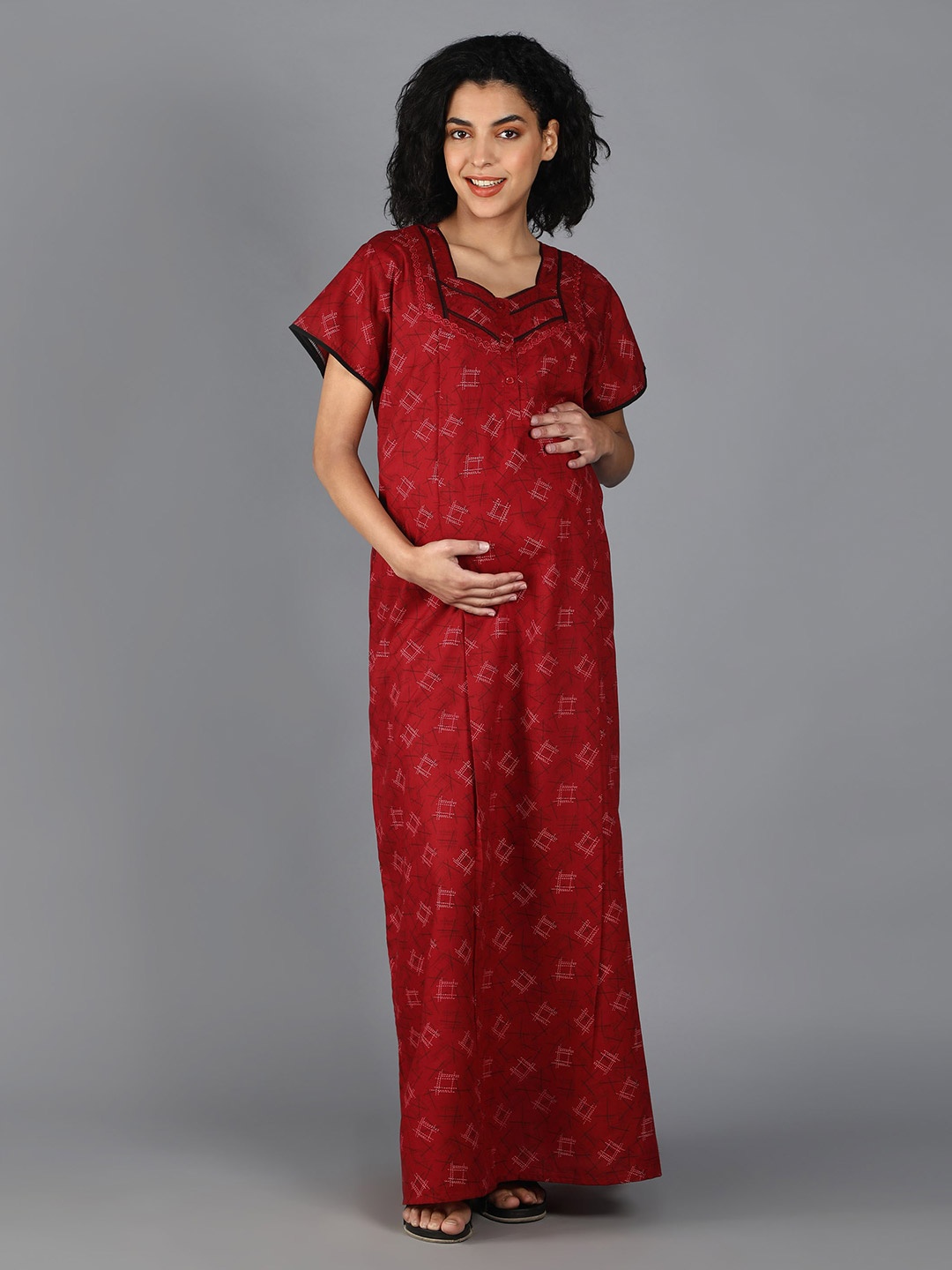 

NIGHTSPREE Red Printed Maxi Nightdress