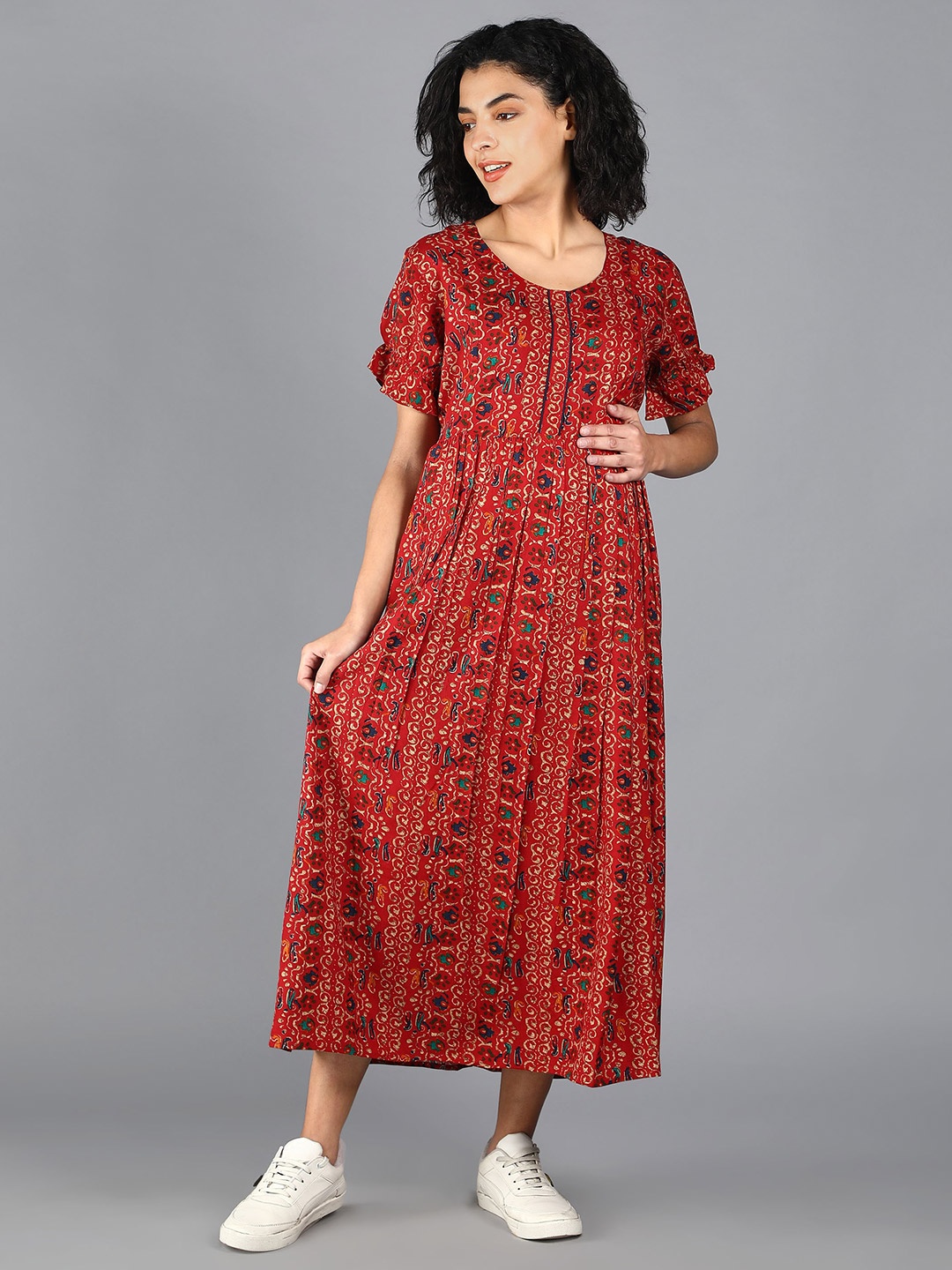 

NIGHTSPREE Red Ethnic Motifs Maternity Empire Midi Dress