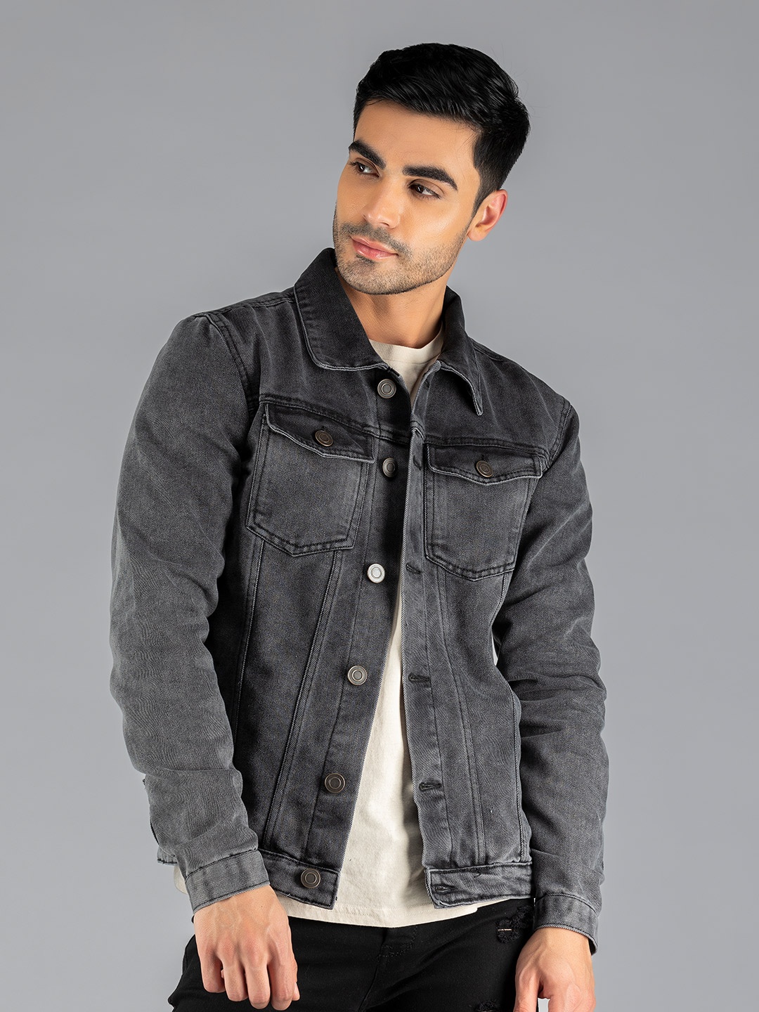 

Dennis Lingo Men Grey Washed Lightweight Outdoor Denim Jacket