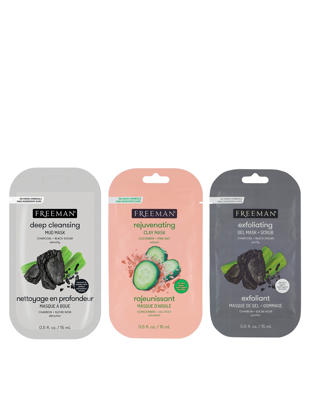 

FREEMAN Set of 3 Face Masks - Exfoliating + Deep Cleansing + Rejuvenating - 15ml each, Grey