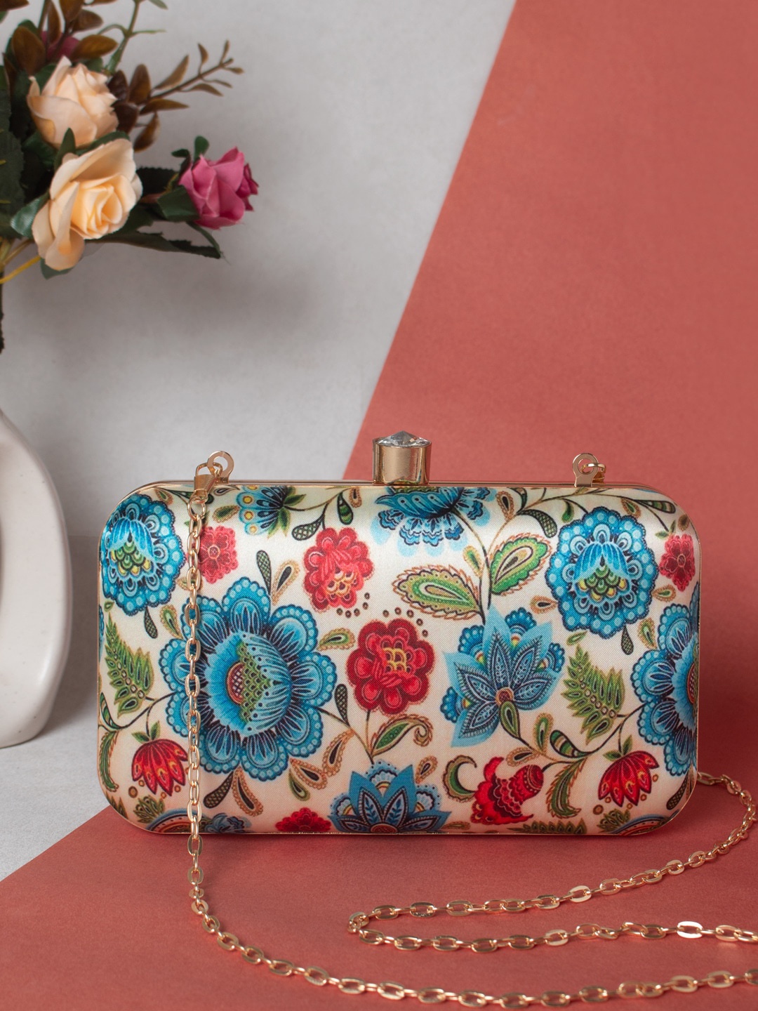 

Swisni Beige & Blue Printed Box Clutch