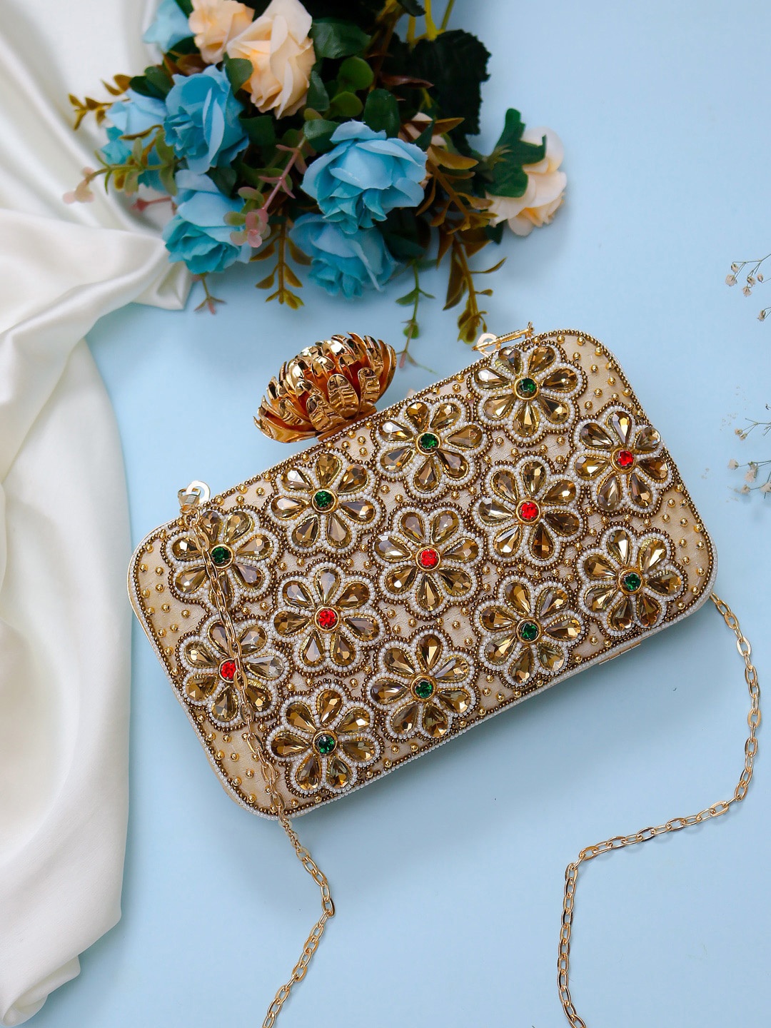

Swisni Gold-Toned & White Embellished Box Clutch