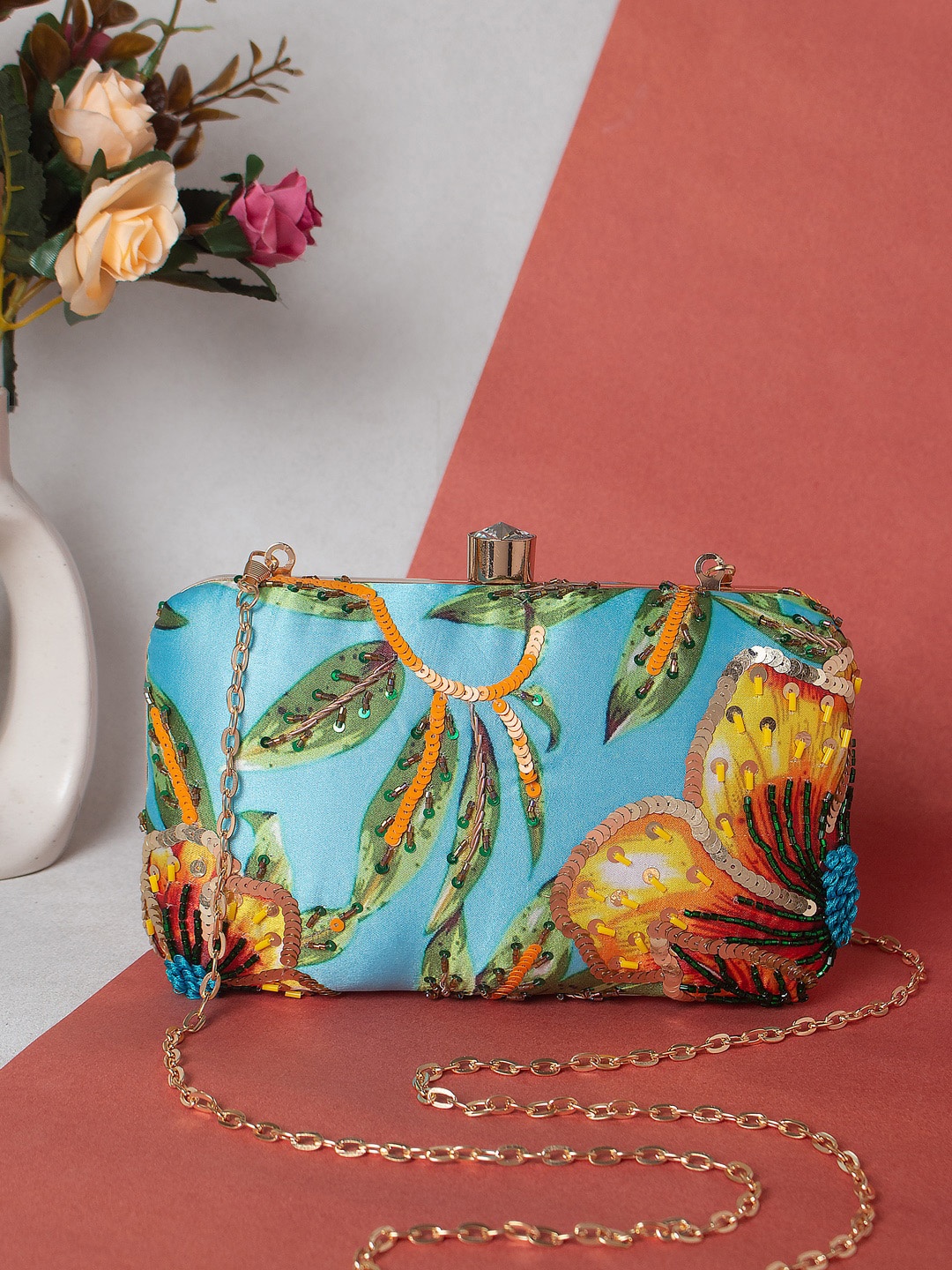 

Swisni Blue & Green Printed Box Clutch