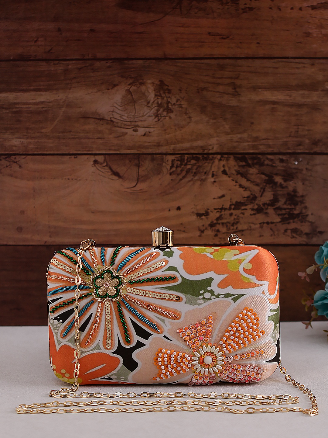 Swisni Women Orange & White Embellished Fabric Box Clutch