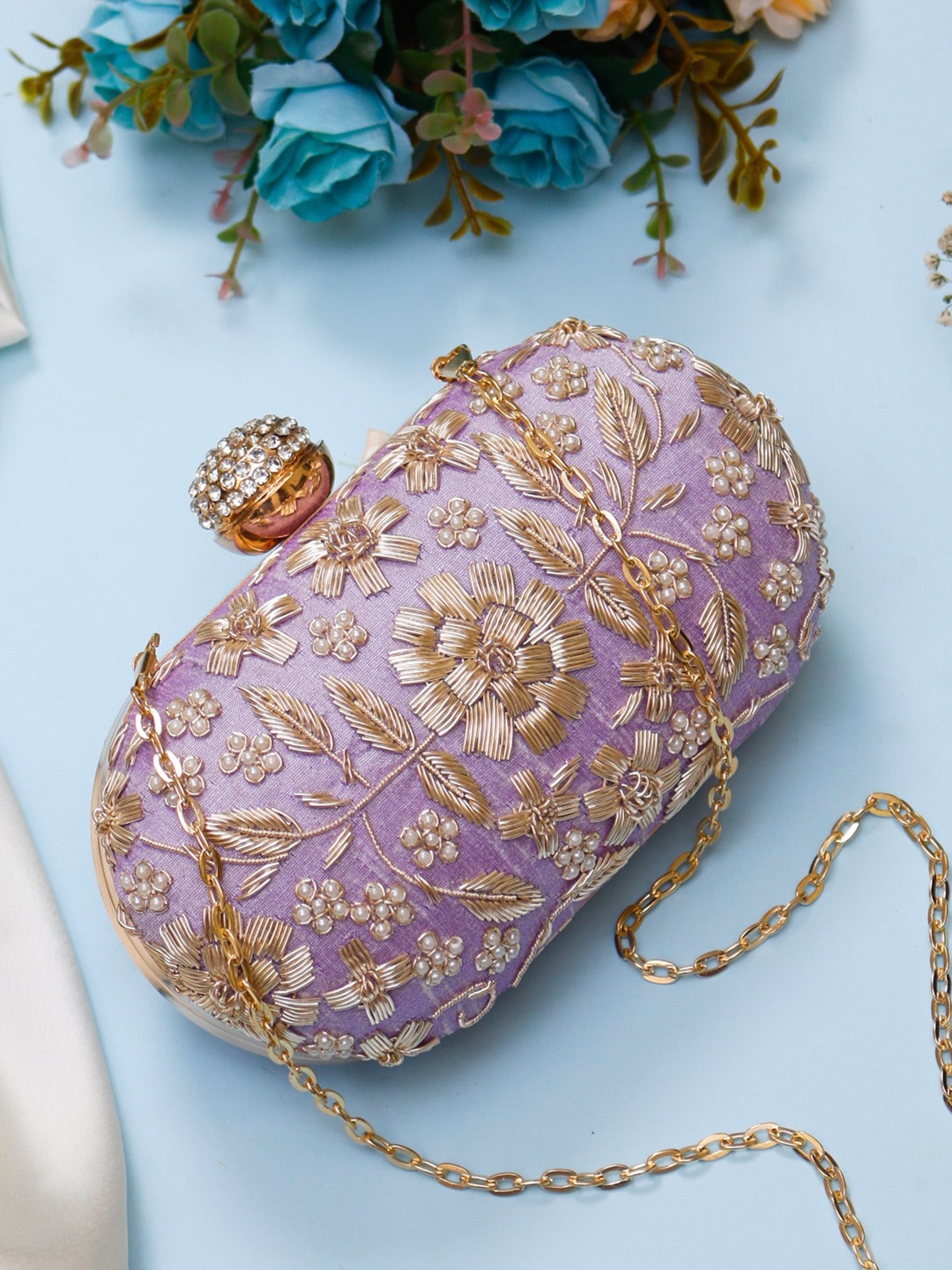 

Swisni Pink & Gold-Toned Embroidered Box Clutch