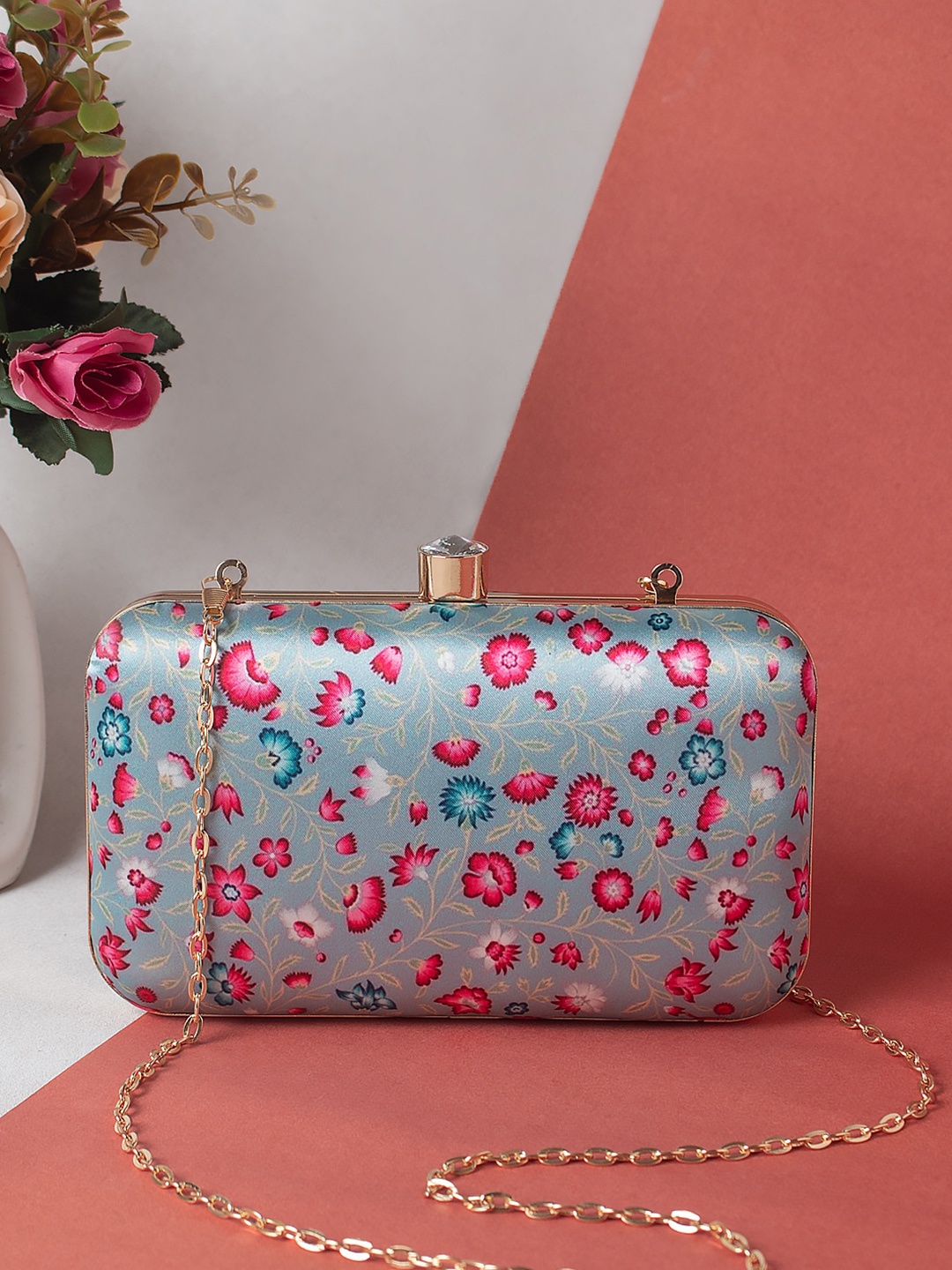 

Swisni Blue & Pink Printed Box Clutch