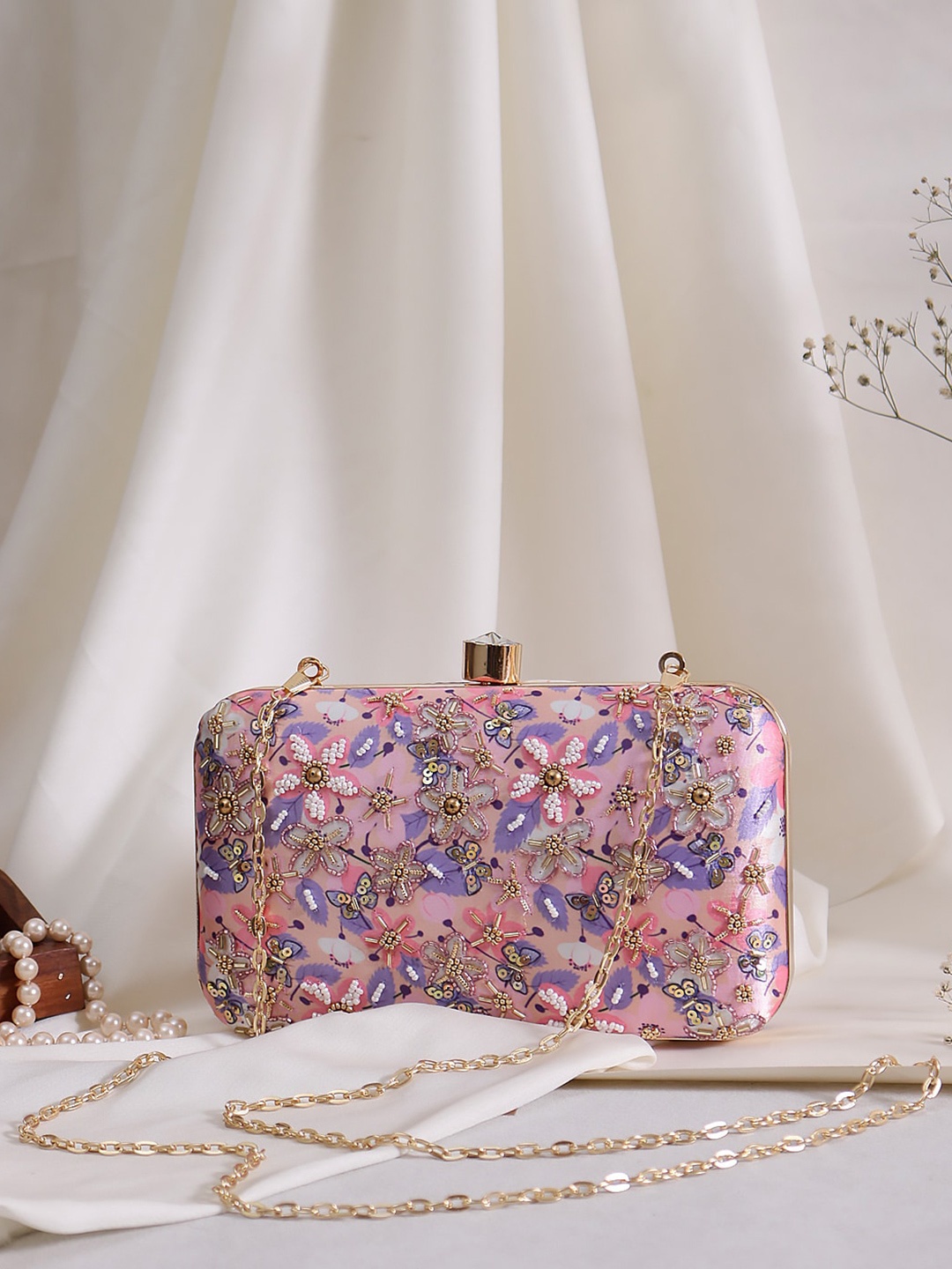 

Swisni Pink & Purple Embroidered Box Clutch