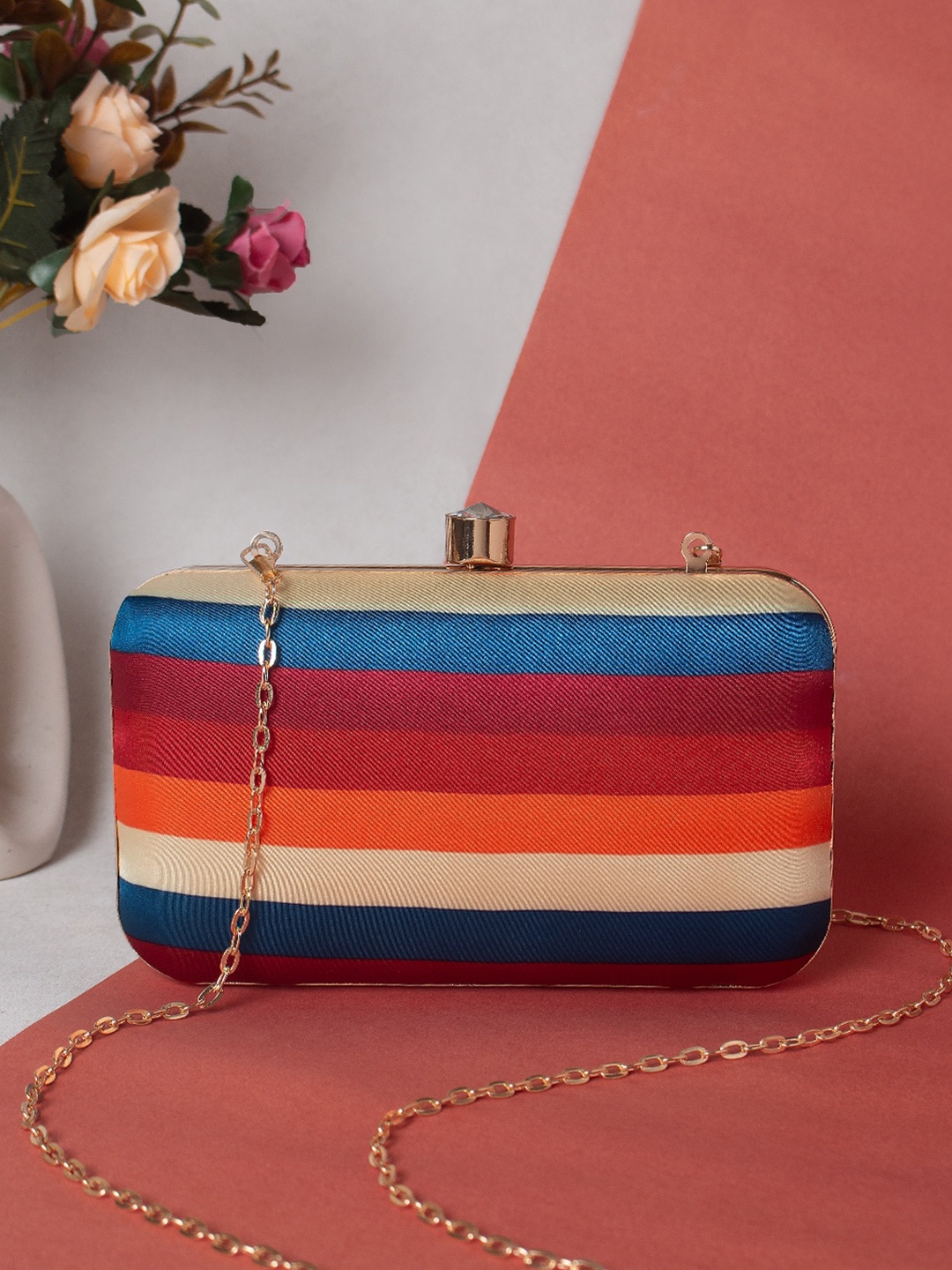 

Swisni Beige & Blue Colourblocked Box Clutch