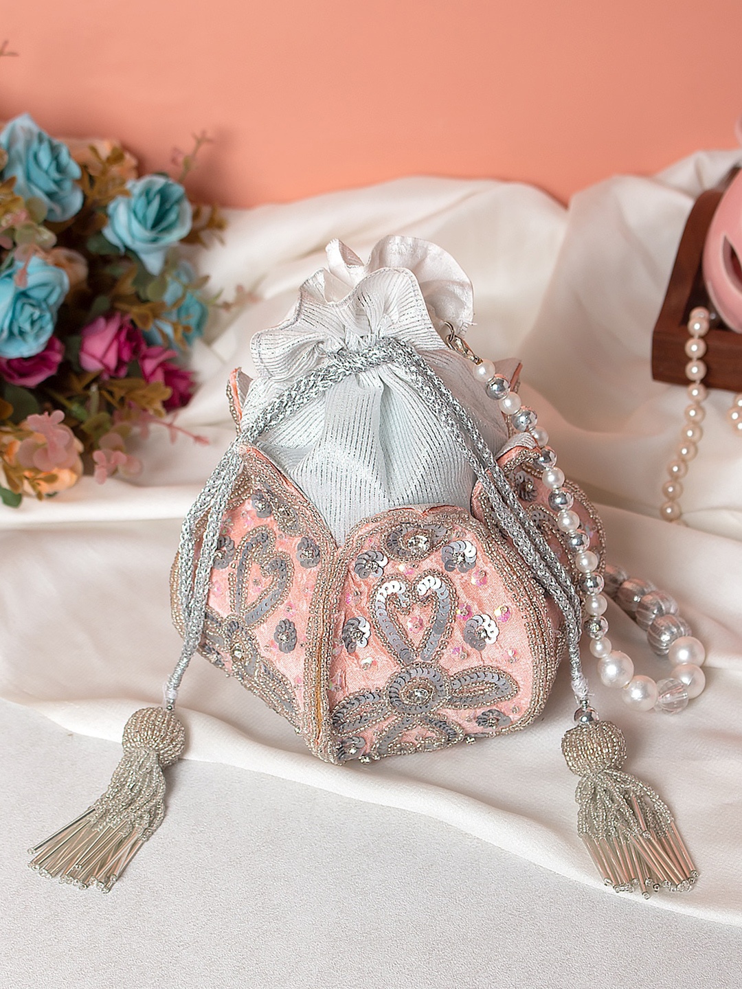 

Swisni Peach-Coloured & White Embroidered Potli Clutch