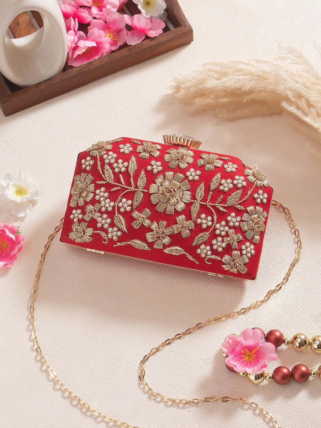 

Swisni Red & Gold-Toned Embroidered Box Clutch