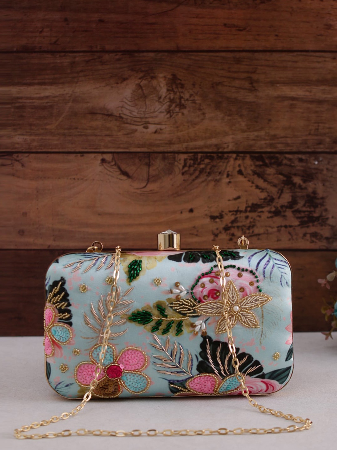 

Swisni Green & Pink Embroidered Box Clutch