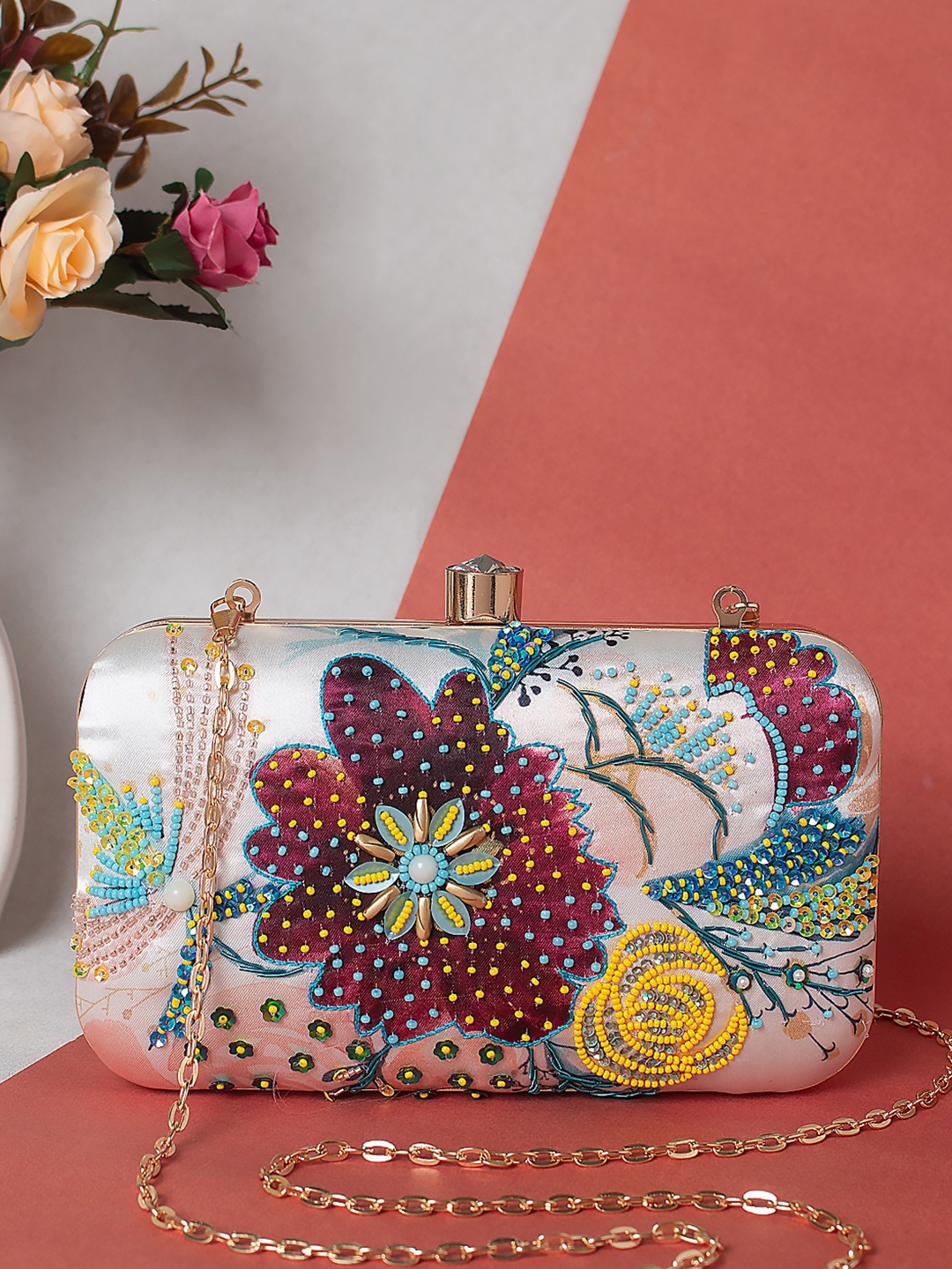 

Swisni White & Yellow Embroidered Box Clutch
