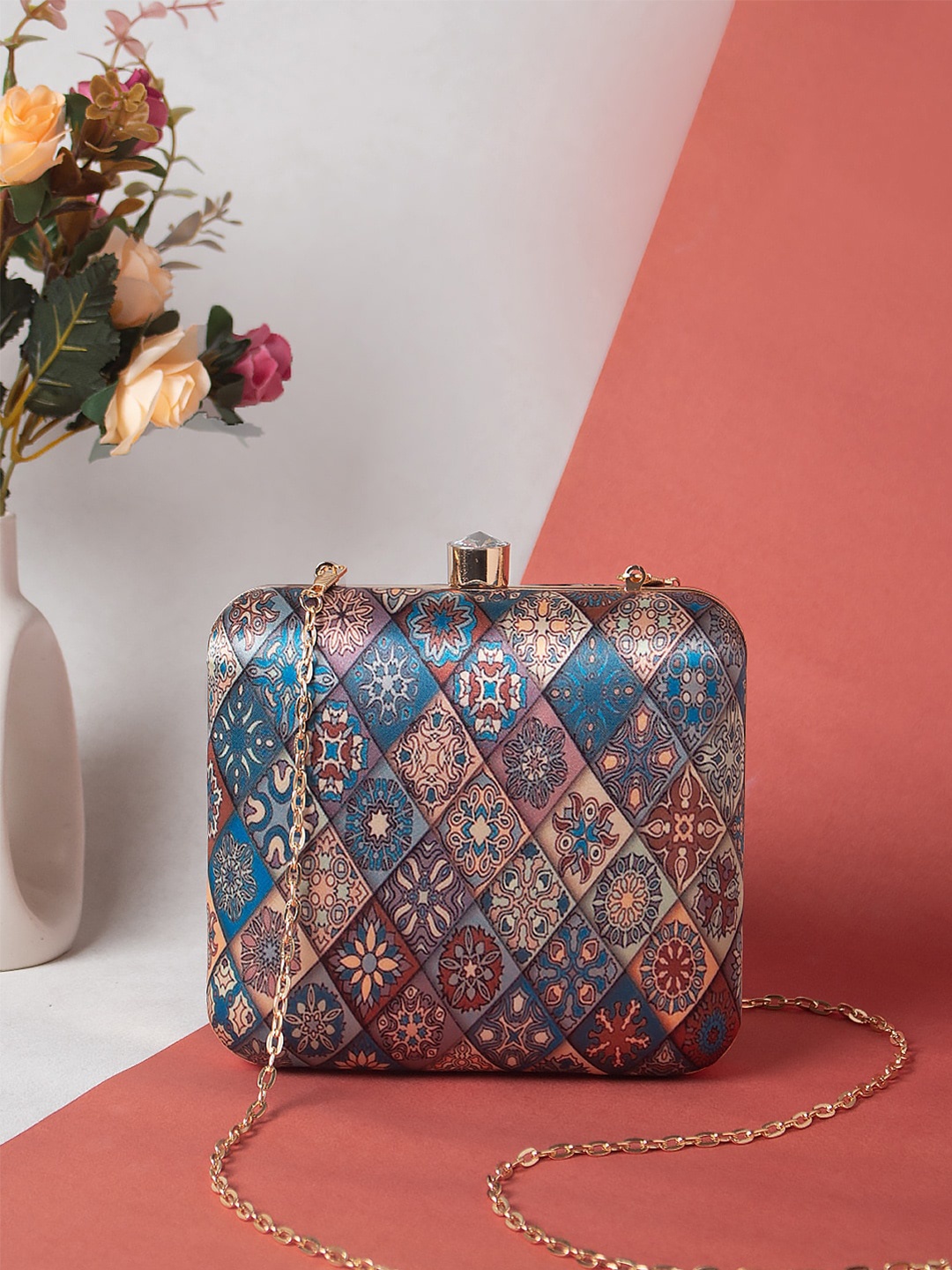 

Swisni Blue & Brown Printed Box Clutch