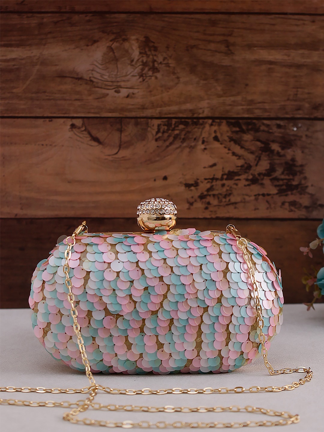 

Swisni Gold-Toned & Blue Embroidered Box Clutch