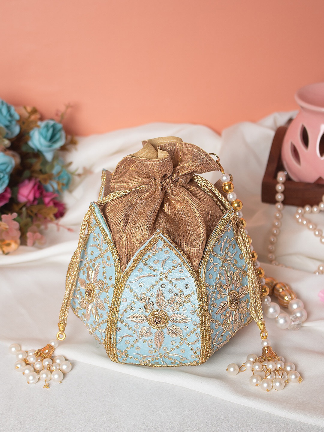 

Swisni Blue & Gold-Toned Embroidered Potli Clutch