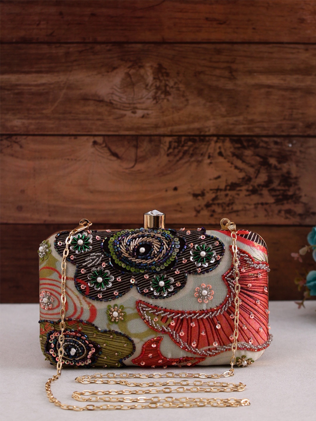 

Swisni Grey & Red Embroidered Box Clutch