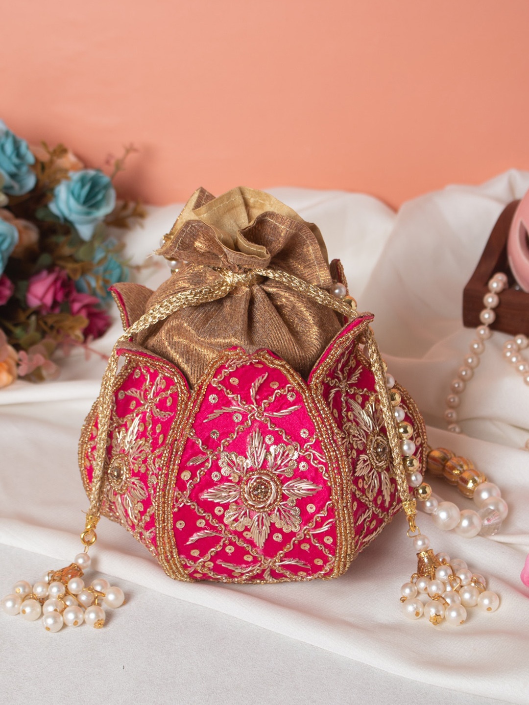 

Swisni Pink & Gold-Toned Embroidered Potli Clutch