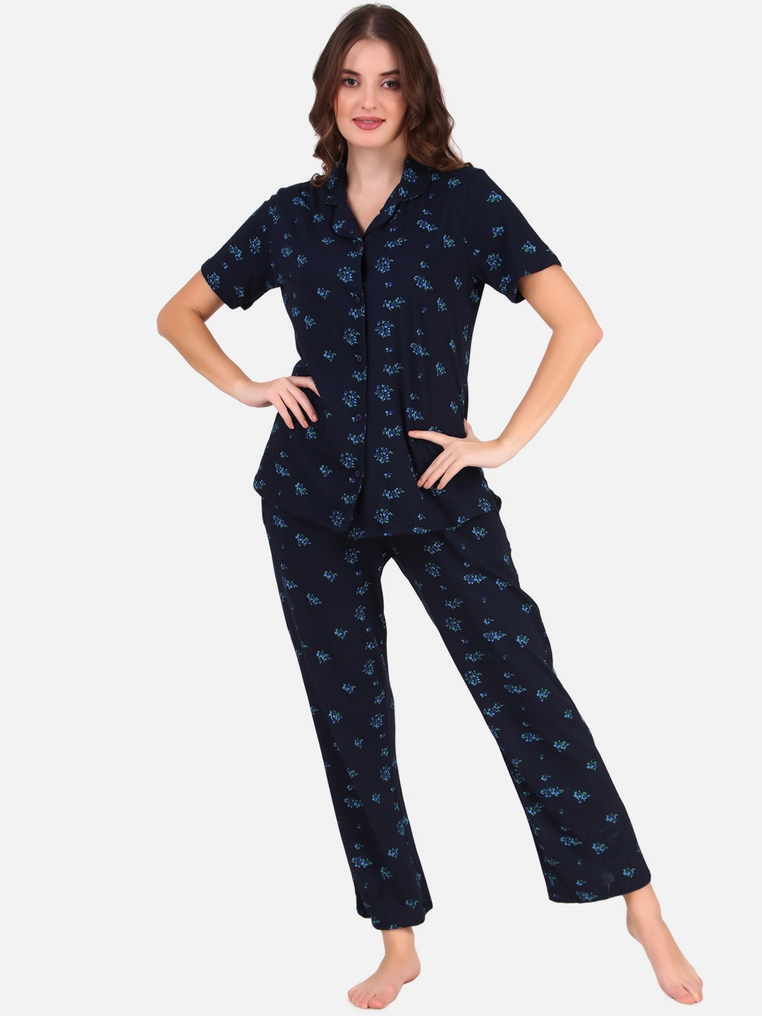 

Masha Women Navy Blue & Blue Printed Pure Cotton Night suit