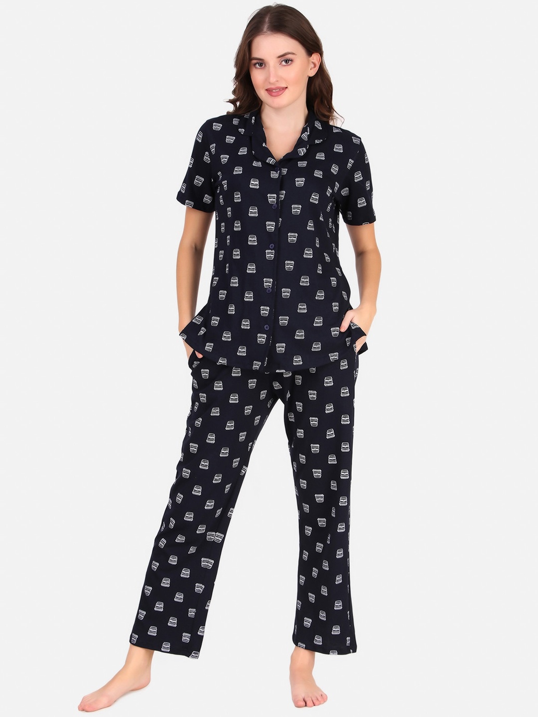 

Masha Women Navy Blue & White Printed Pure Cotton Night suit