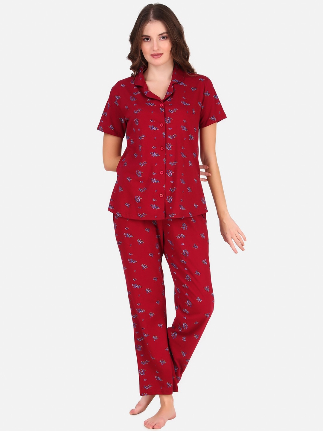 

Masha Women Maroon & Blue Printed Pure Cotton Night suit
