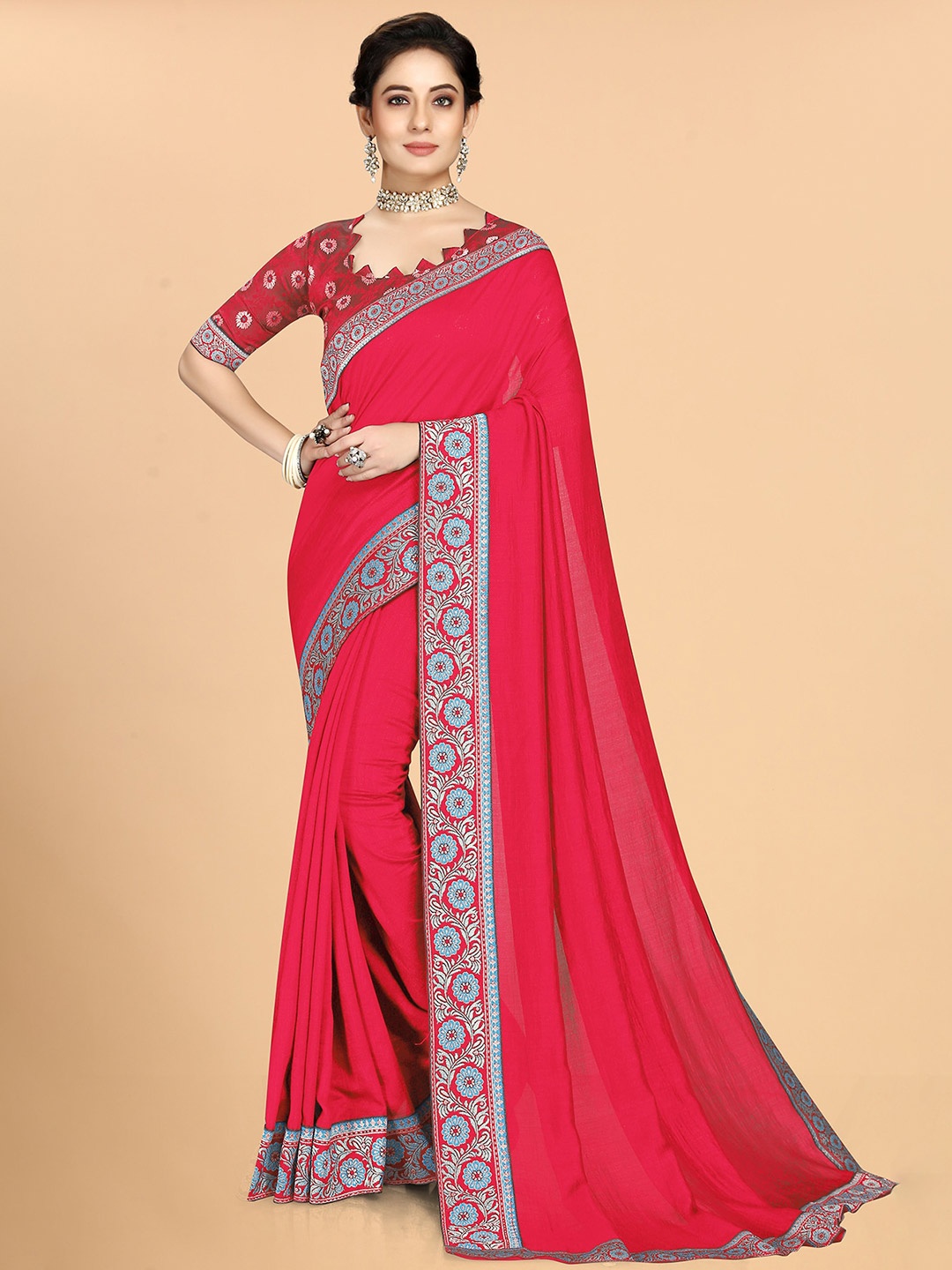 

Anjaneya Sarees Pink & Blue Silk Blend Saree
