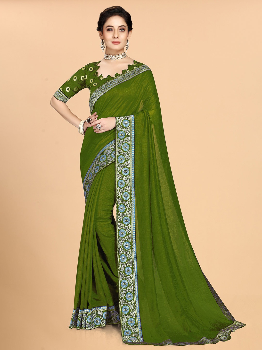 

Anjaneya Sarees Green & Blue Zari Silk Blend Saree