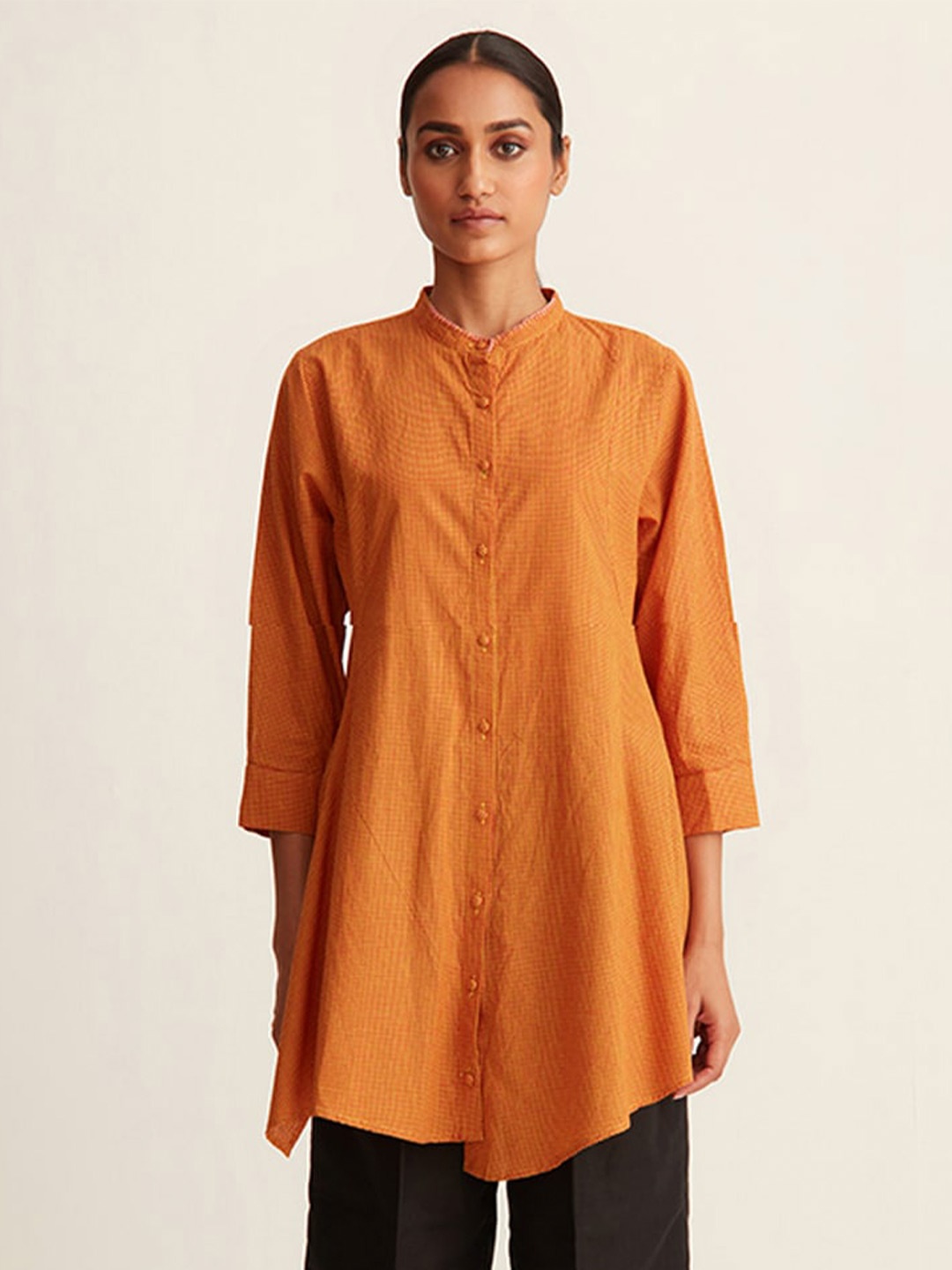 

Ancestry Orange Printed Mandarin Collar Cotton Shirt Style Longline Top
