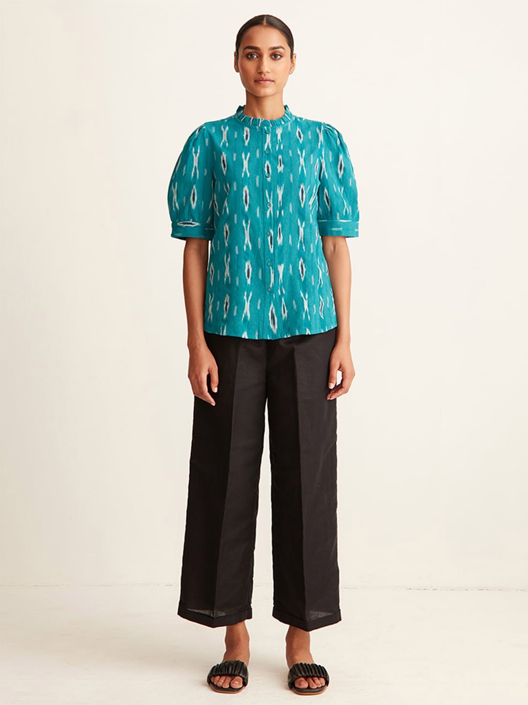 

Ancestry Blue Printed Shirt Style Cotton Top