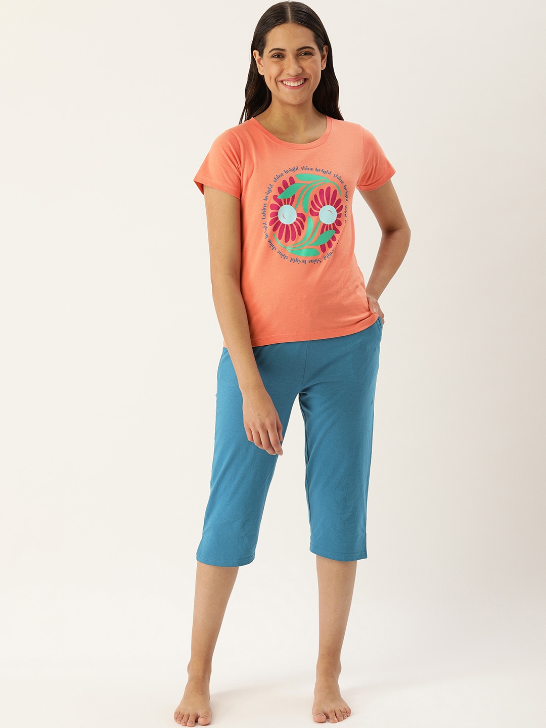 

Slumber Jill Women Coral Orange & Teal Blue Pure Cotton Floral Print Night Suit