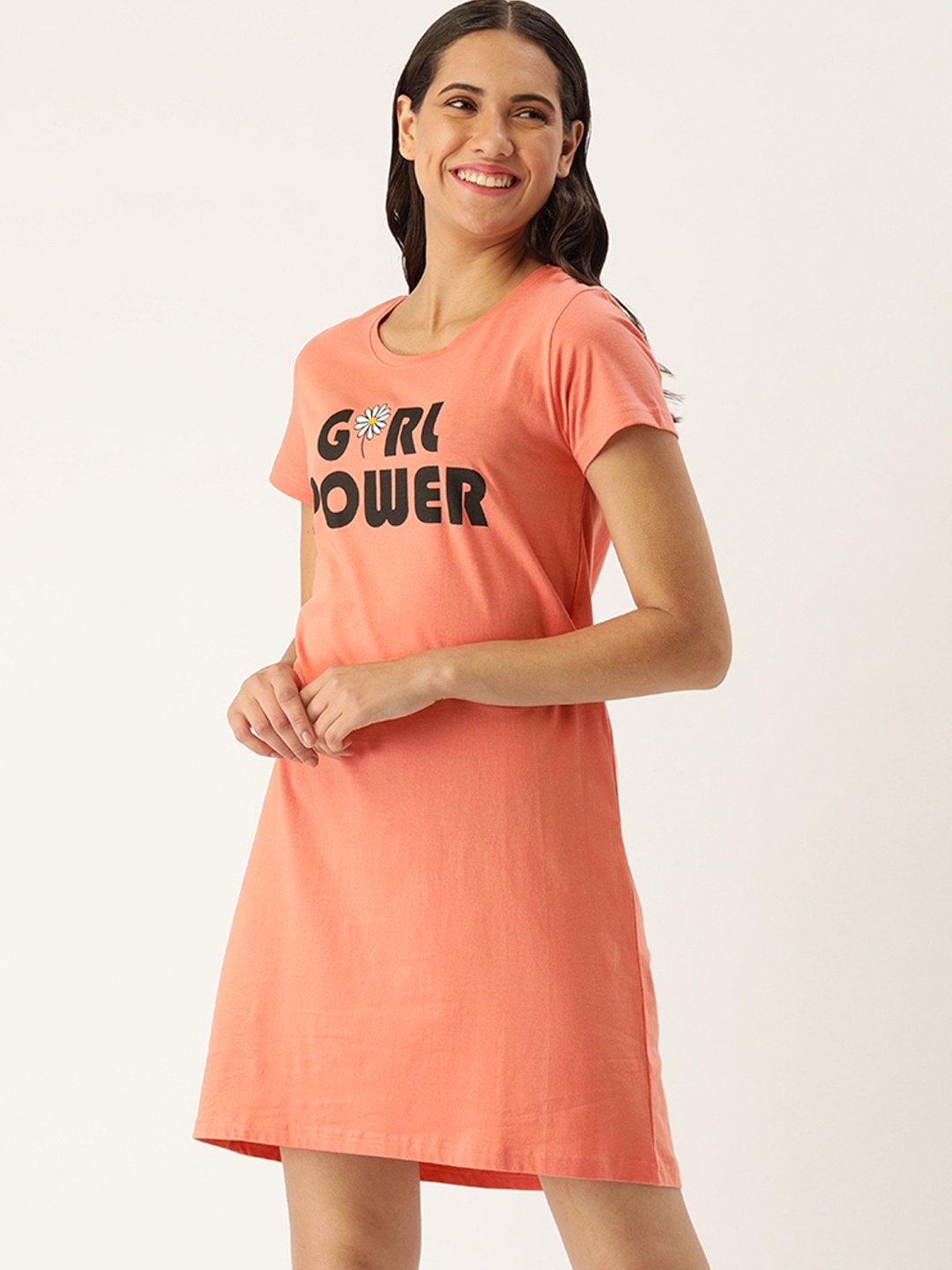 

Slumber Jill Peach-Coloured & Black Printed Pure Cotton Nightdress