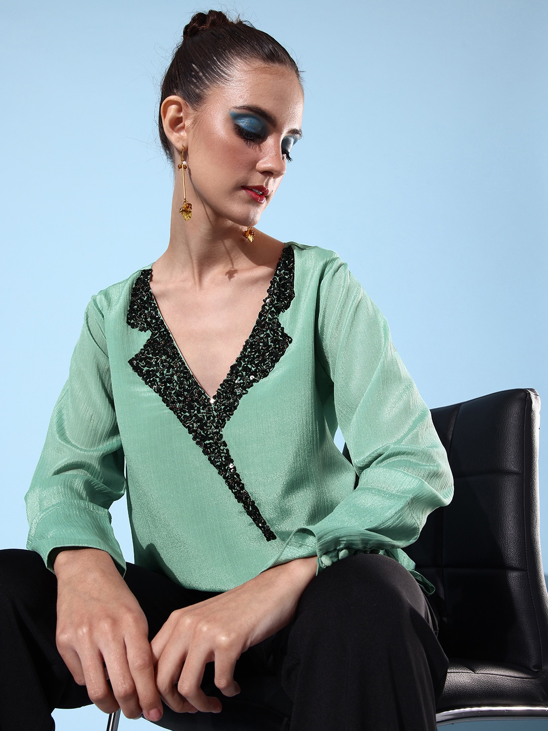 

QUIERO Green Embellished Chiffon Blouson Top