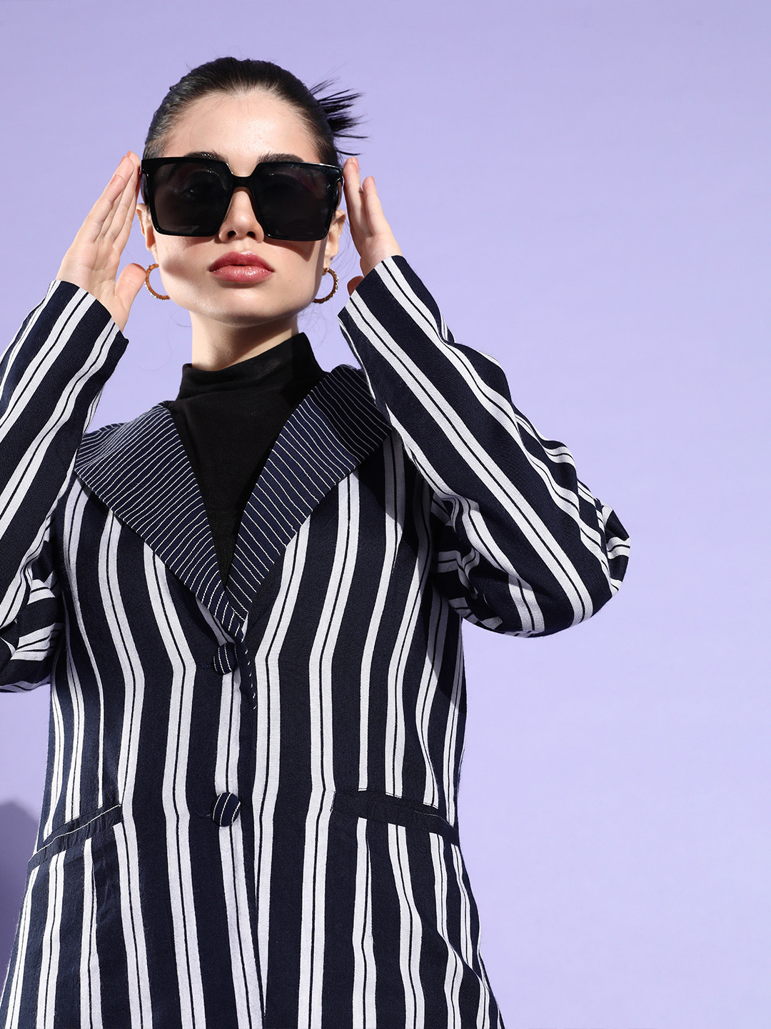 

QUIERO Women Striped Tailored Fit Blazer, Navy blue